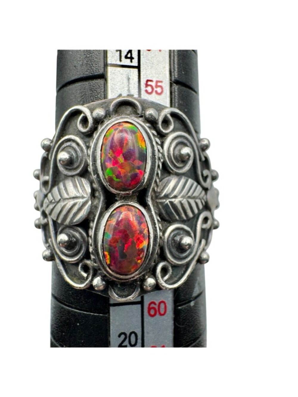 Vintage Sterling Silver Double Opal Ring Southwestern Ornate Setting Sz 8.25 - Picture 10 of 16